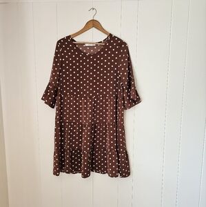 Brown And White Polka Dot Short Sleeve Tiered Babydoll Dress
